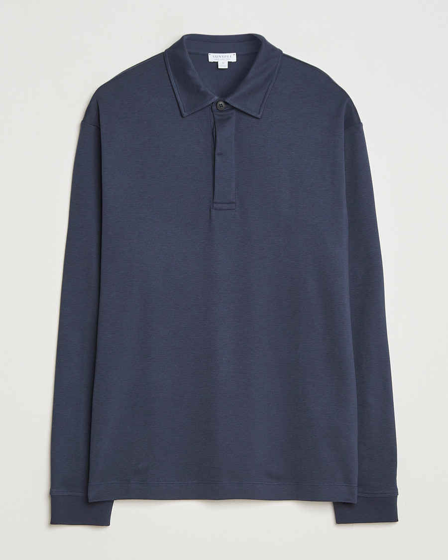 Herre | Polotrøjer | Sunspel | Heavy Weight Supima Cotton Long Sleeve Polo Navy