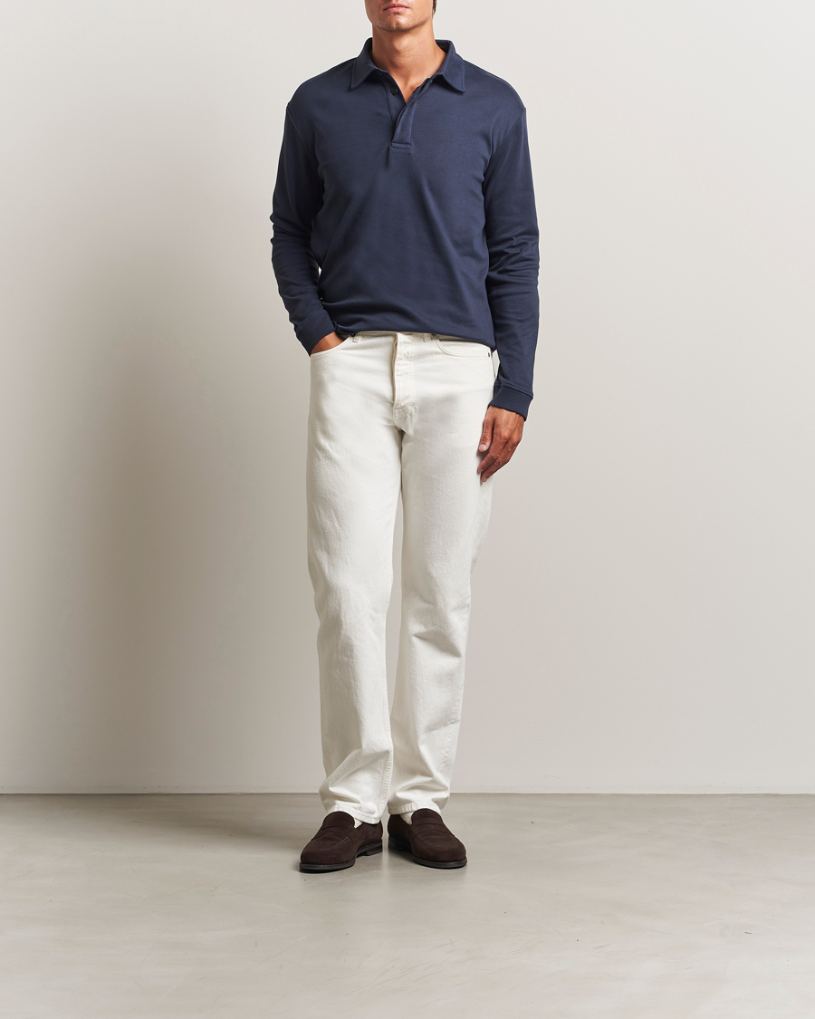 Herre | Polotrøjer | Sunspel | Heavy Weight Supima Cotton Long Sleeve Polo Navy