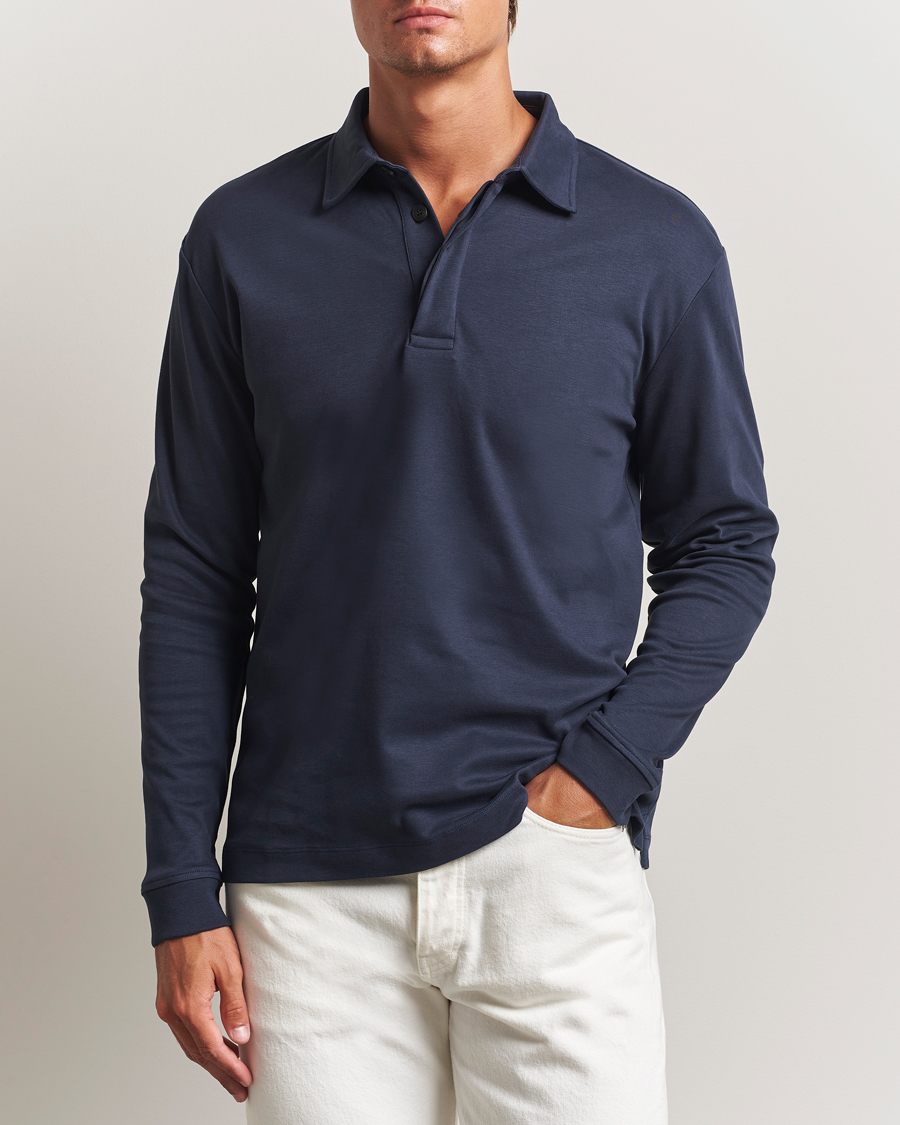 Herre | Polotrøjer | Sunspel | Heavy Weight Supima Cotton Long Sleeve Polo Navy