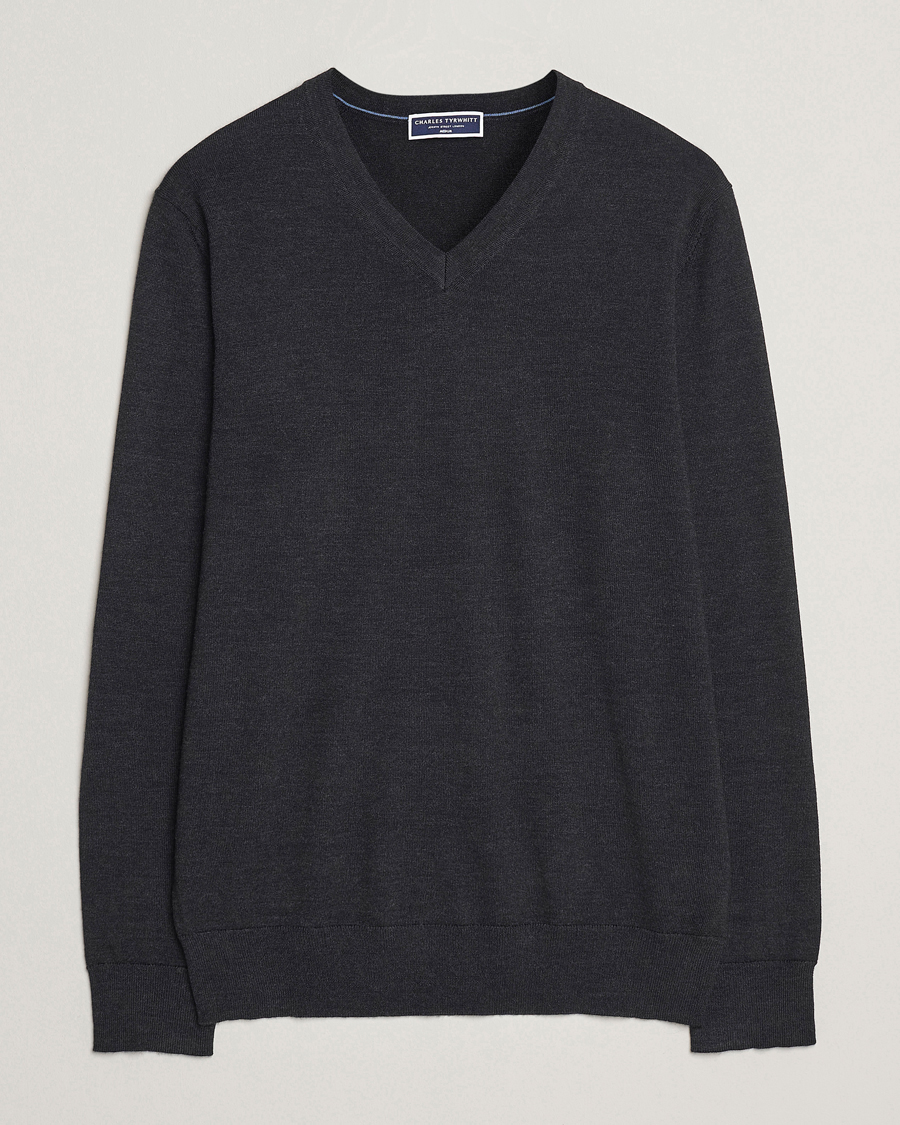 Herre | Trøjer | Charles Tyrwhitt | Pure Merino V-Neck Jumper Dark Charcoal
