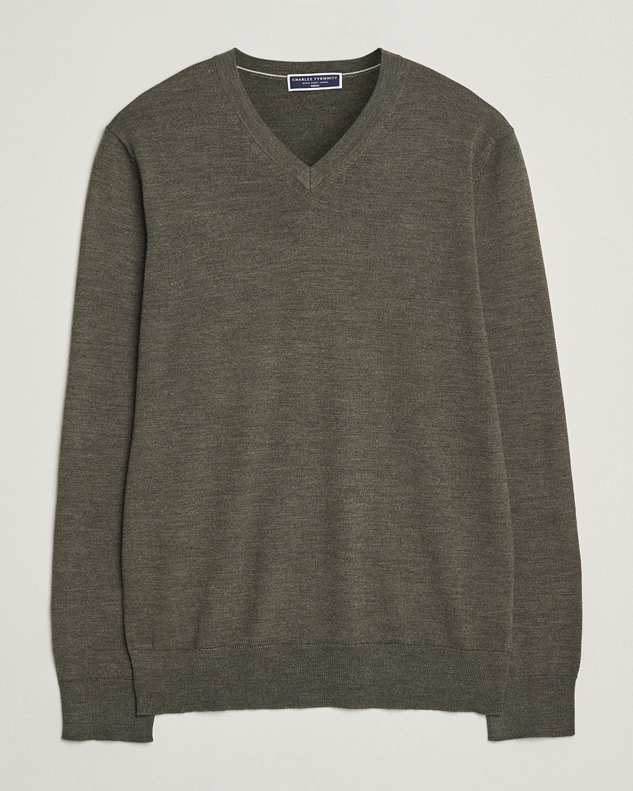 Herre | Trøjer | Charles Tyrwhitt | Pure Merino V-Neck Jumper Olive Green
