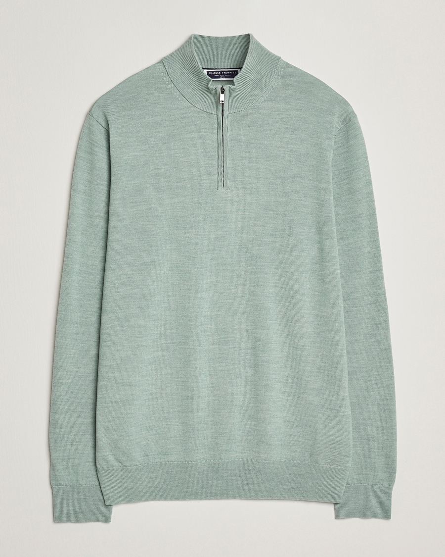 Herre | Trøjer | Charles Tyrwhitt | Pure Merino Zip Neck Jumper Pale Teal Green