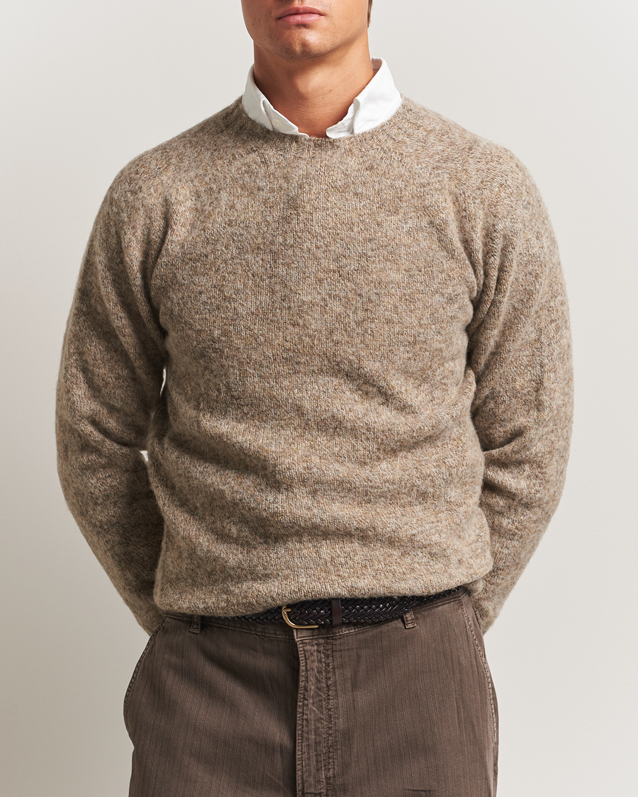 Herre | Trøjer | Drake's | Brushed Shetland Crew Mushroom
