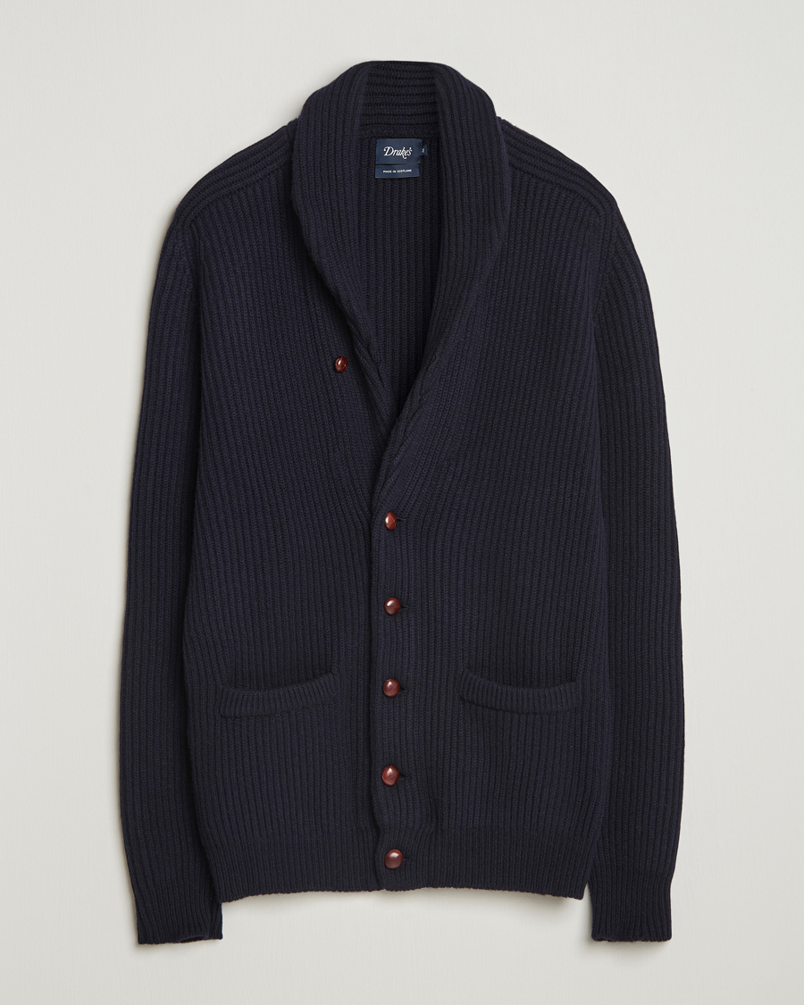 Herre | Trøjer | Drake's | Lambswool Shawl Collar Rib Cardigan Navy
