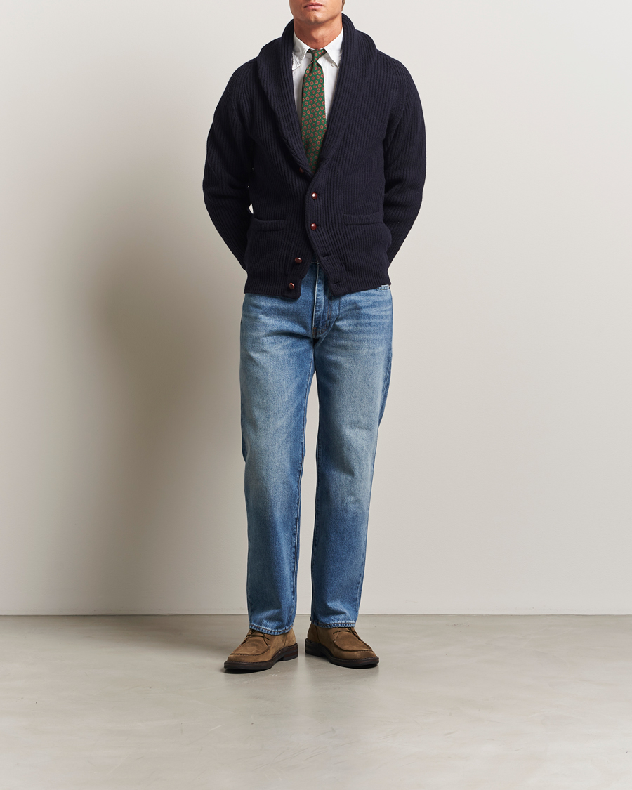 Herre | Trøjer | Drake's | Lambswool Shawl Collar Rib Cardigan Navy