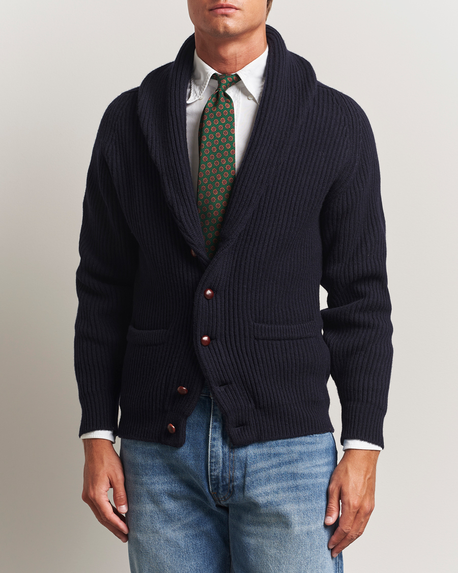 Herre | Trøjer | Drake's | Lambswool Shawl Collar Rib Cardigan Navy