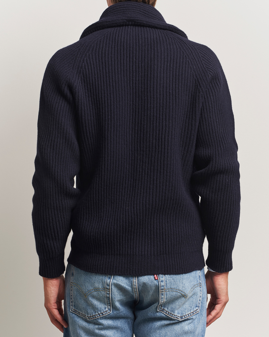 Herre | Trøjer | Drake's | Lambswool Shawl Collar Rib Cardigan Navy