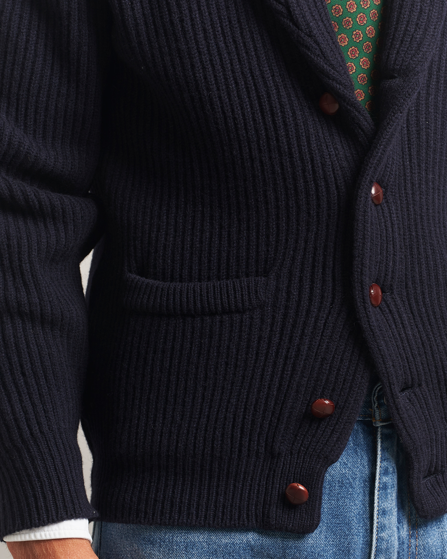 Herre | Trøjer | Drake's | Lambswool Shawl Collar Rib Cardigan Navy