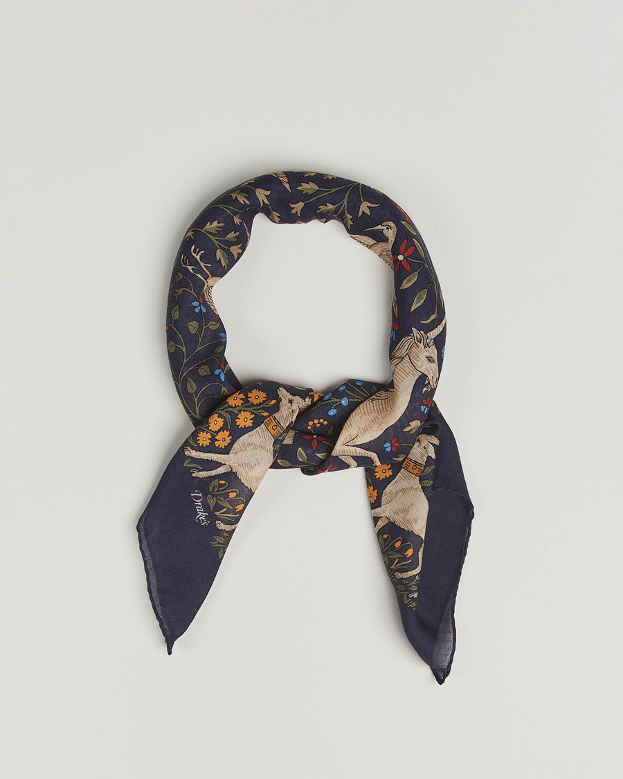 Herre | Tørklæde | Drake's | Unicorn Garden Wool/Silk Scarf Navy