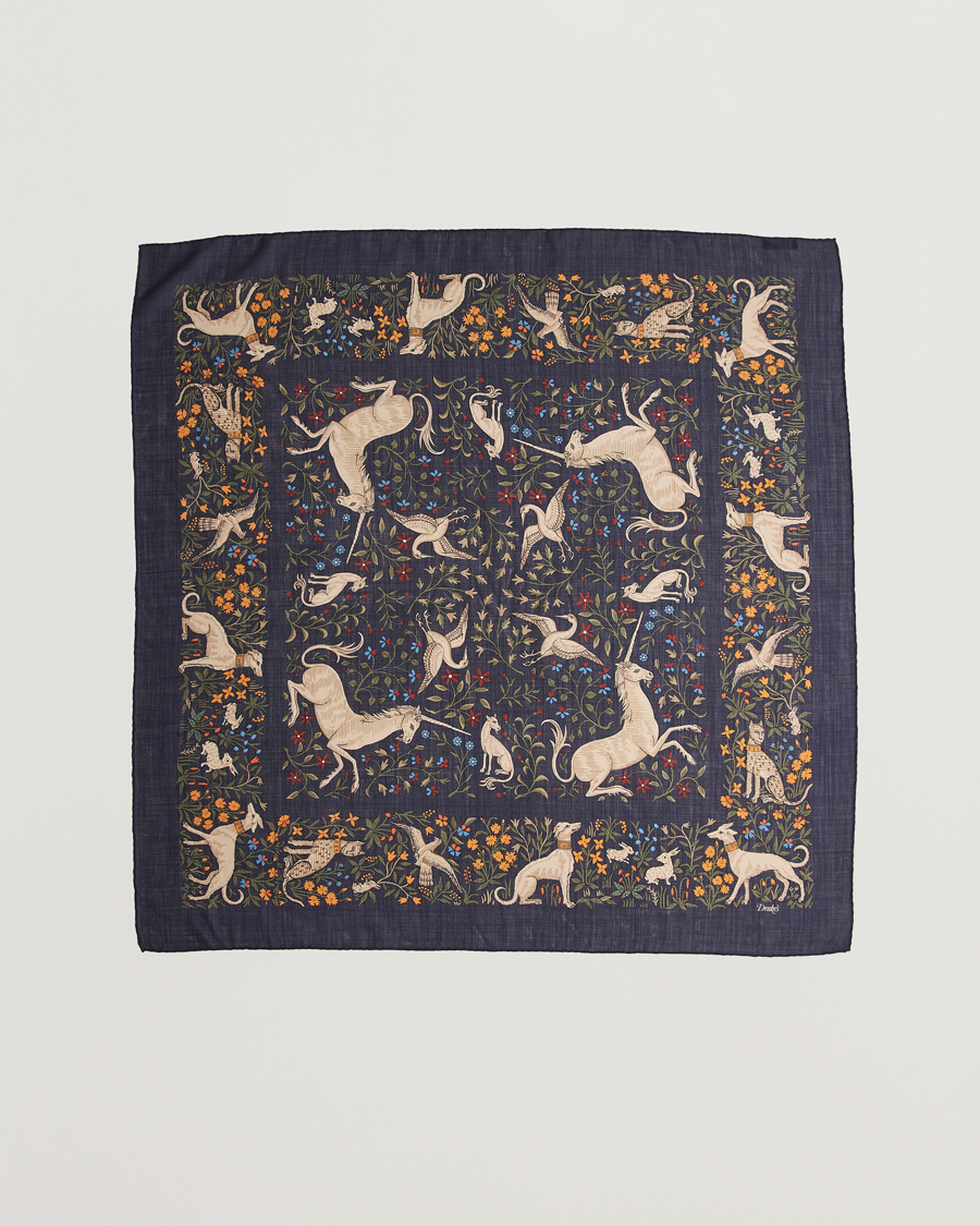 Herre | Tørklæde | Drake's | Unicorn Garden Wool/Silk Scarf Navy