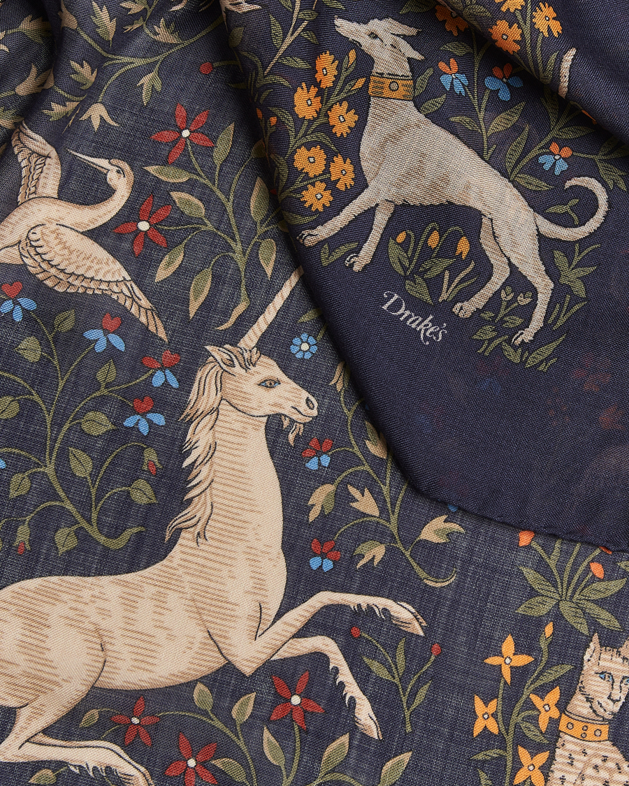Herre | Tørklæde | Drake's | Unicorn Garden Wool/Silk Scarf Navy