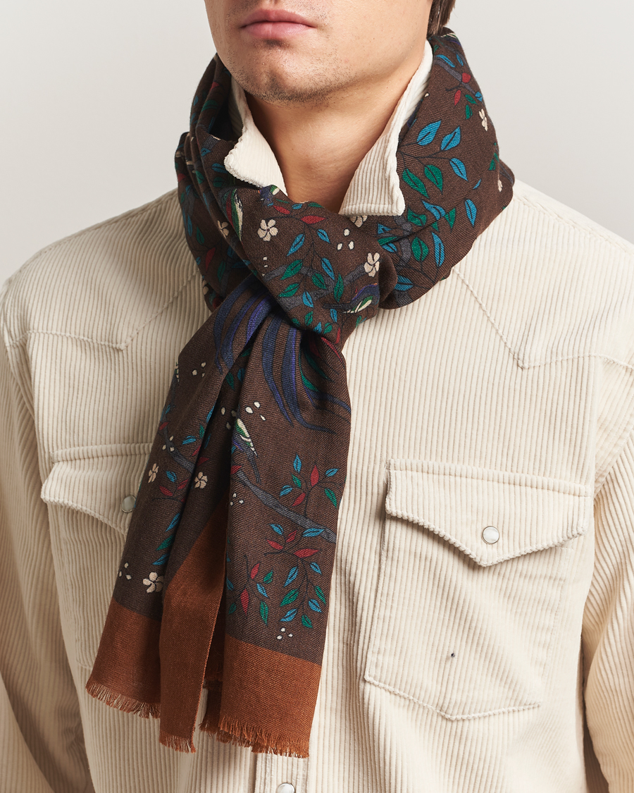 Herre | Drake's Birds Of Paradise Print Scarf Brown | Drake's | Birds Of Paradise Print Scarf Brown