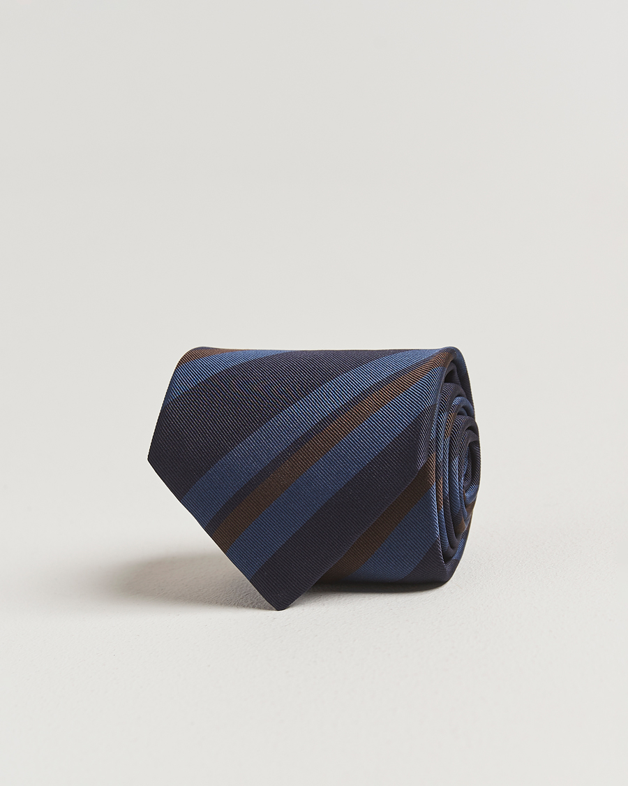 Herre | Slips | Drake's | Stripe Mogador Silk/Cotton Tie Navy/Brown
