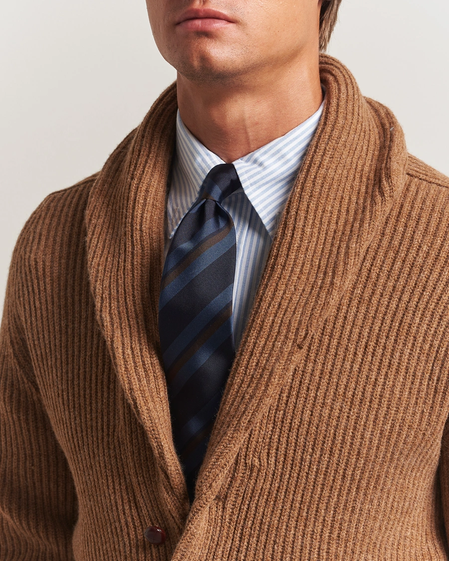 Herre | Slips | Drake's | Stripe Mogador Silk/Cotton Tie Navy/Brown