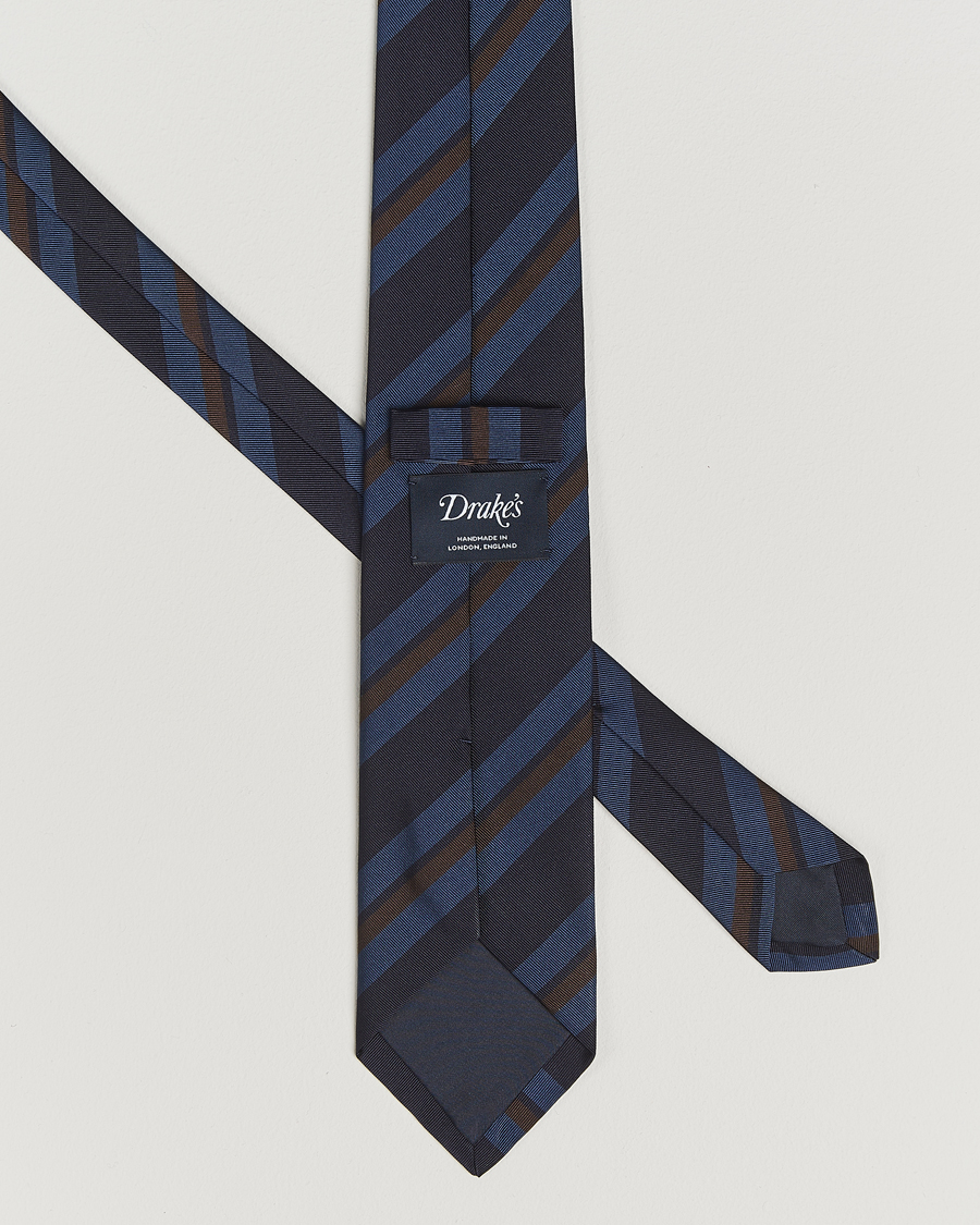 Herre | Slips | Drake's | Stripe Mogador Silk/Cotton Tie Navy/Brown