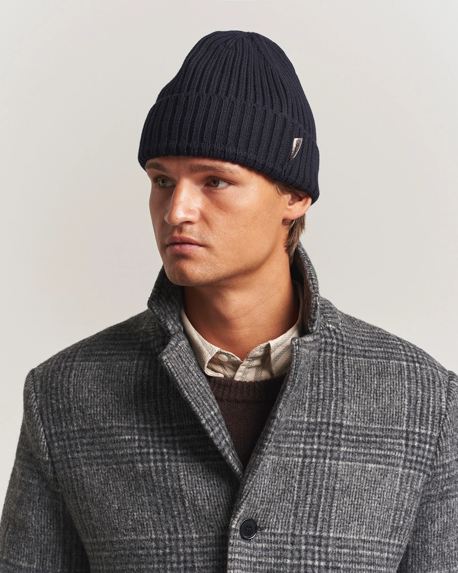 Herre | Huer | Stenströms | Rib Knitted Merino Beanie Navy