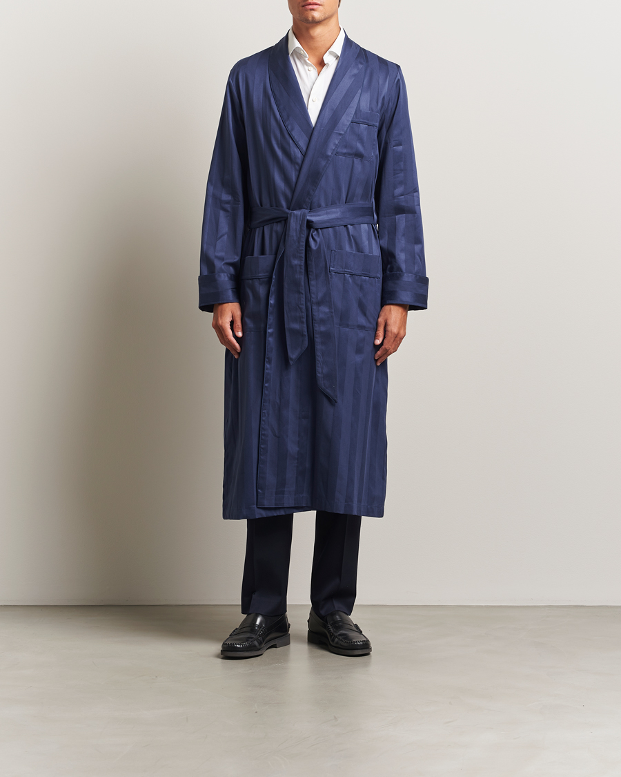 Herre | Pyjamas & Morgenkåber | Derek Rose | Striped Cotton Dressing Gown Navy