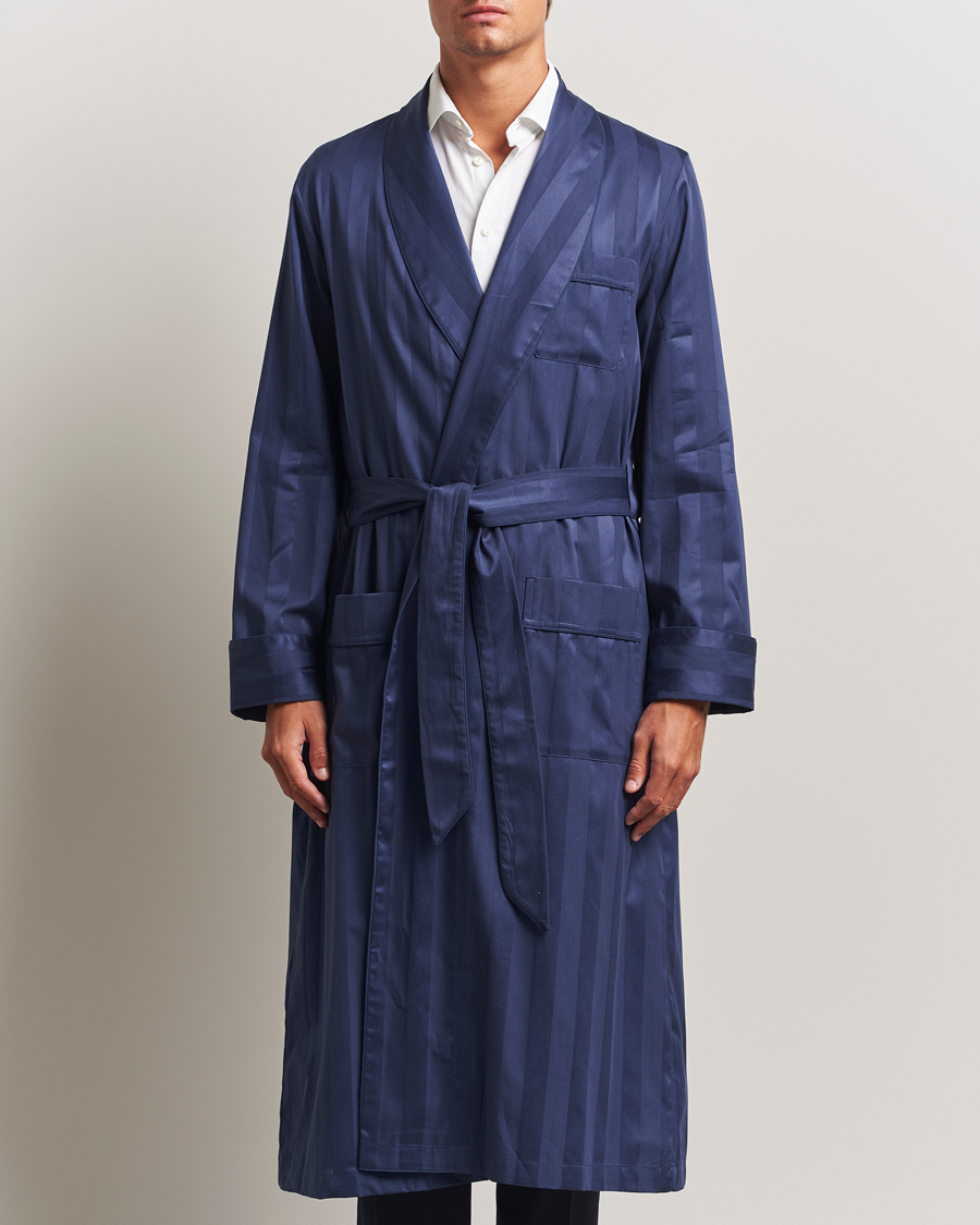 Herre | Pyjamas & Morgenkåber | Derek Rose | Striped Cotton Dressing Gown Navy