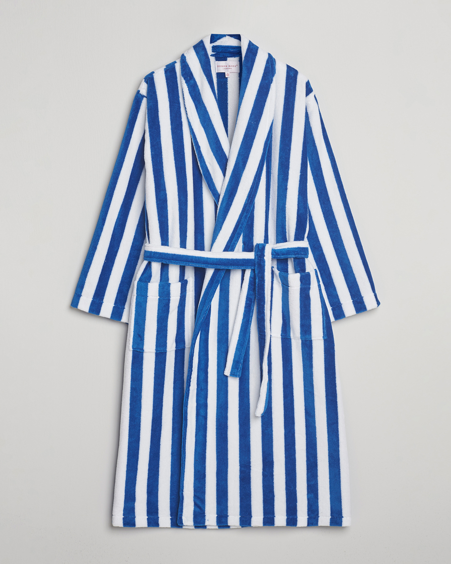 Herre | Pyjamas & Morgenkåber | Derek Rose | Striped Cotton Velour Gown Blue/White
