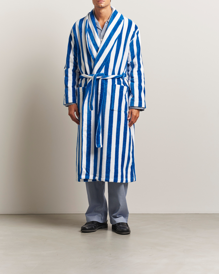 Herre | Pyjamas & Morgenkåber | Derek Rose | Striped Cotton Velour Gown Blue/White