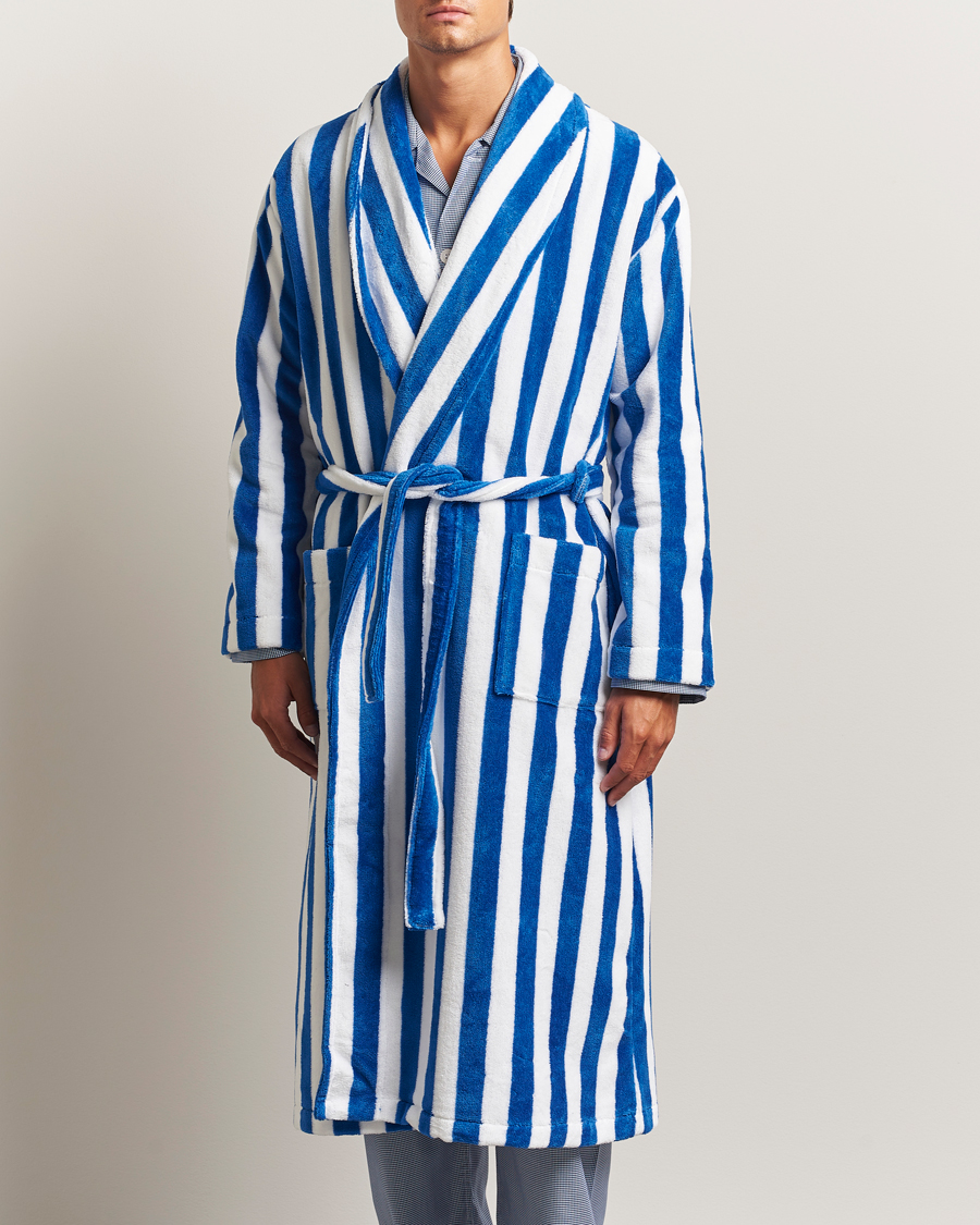 Herre | Pyjamas & Morgenkåber | Derek Rose | Striped Cotton Velour Gown Blue/White