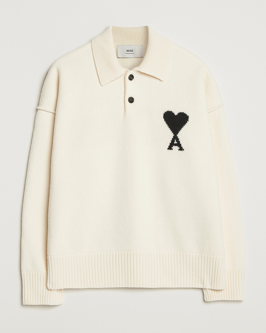 Herre | Trøjer | AMI | Big Heart Logo Wool Knitted Polo Ecru