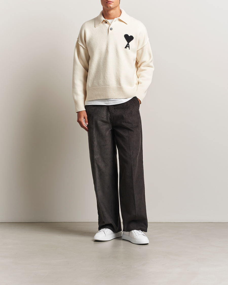 Herre | Trøjer | AMI | Big Heart Logo Wool Knitted Polo Ecru