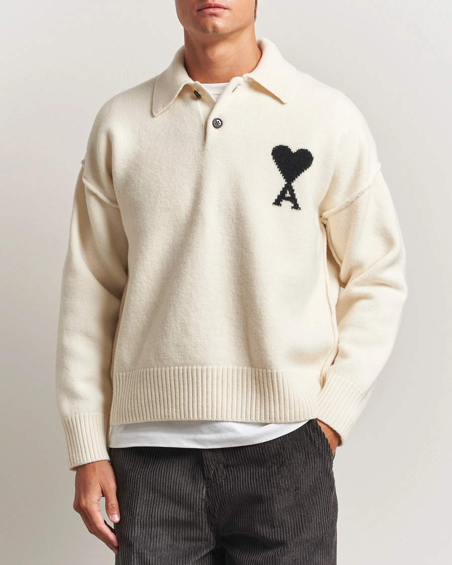 Herre | Trøjer | AMI | Big Heart Logo Wool Knitted Polo Ecru