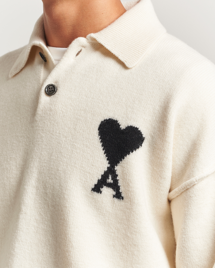 Herre | Trøjer | AMI | Big Heart Logo Wool Knitted Polo Ecru