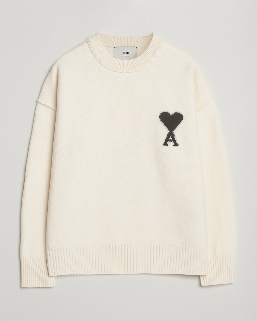Herre | Trøjer | AMI | Big Heart Logo Wool Knitted Sweater Ecru