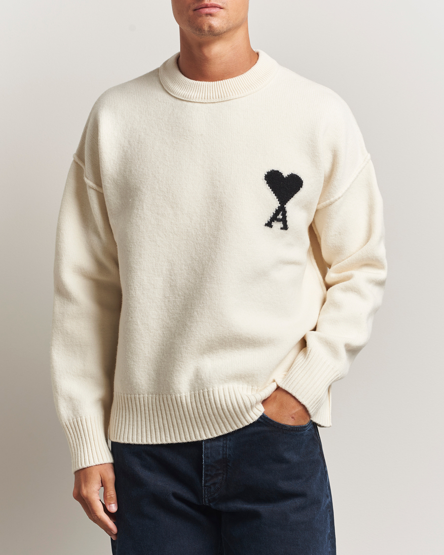 Herre | Trøjer | AMI | Big Heart Logo Wool Knitted Sweater Ecru