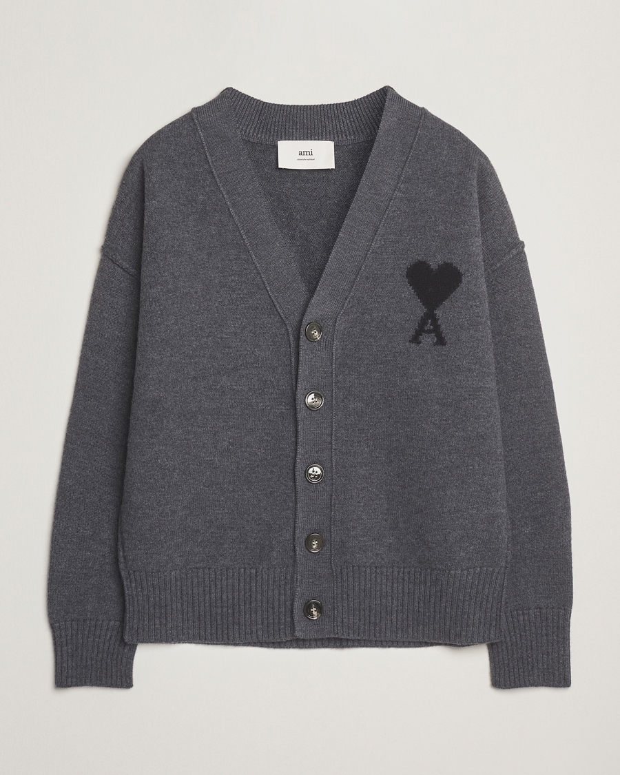 Herre | Trøjer | AMI | Big Heart Logo Wool Knitted Cardigan Dark Grey