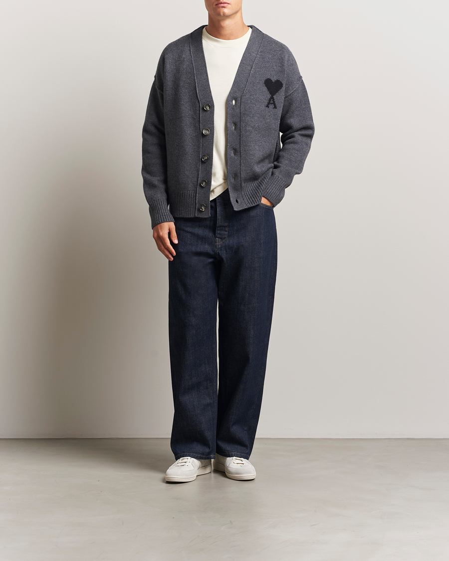 Herre | Trøjer | AMI | Big Heart Logo Wool Knitted Cardigan Dark Grey
