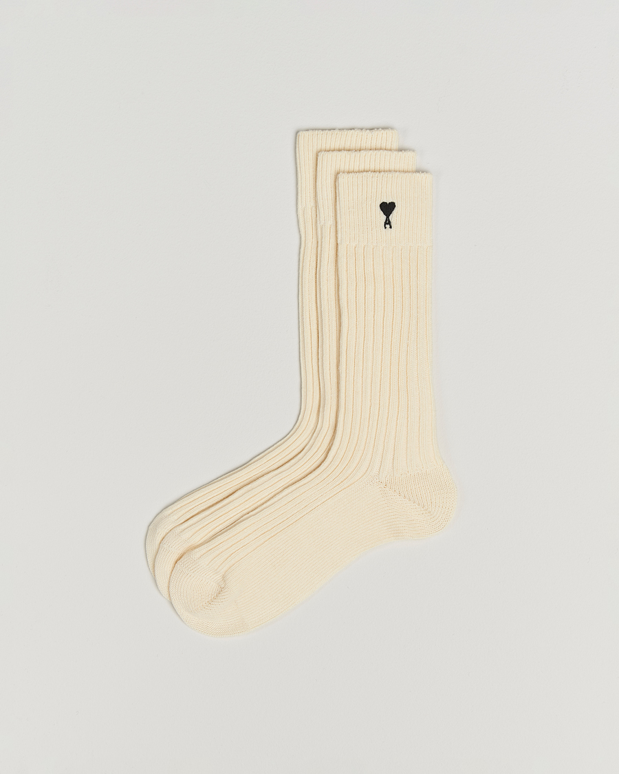 Herre | Undertøj | AMI | 3-Pack Heart Logo Cotton Socks Ecru