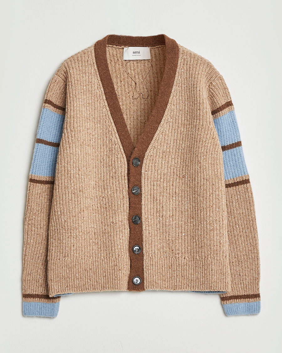 Herre | Trøjer | AMI | Ribbed Wool Knitted Cardigan Camel