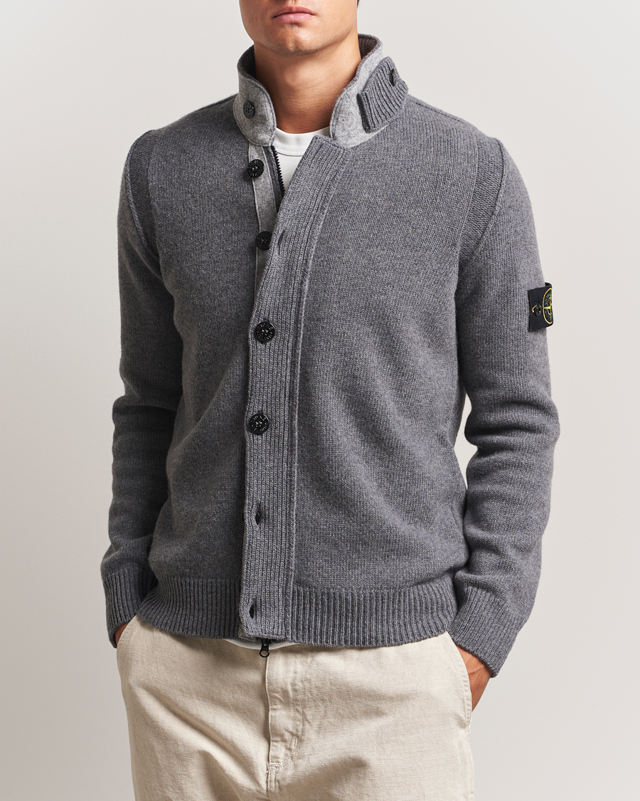 Herre | Trøjer | Stone Island | Knitted Lambswool Zip Cardigan Cement Melange