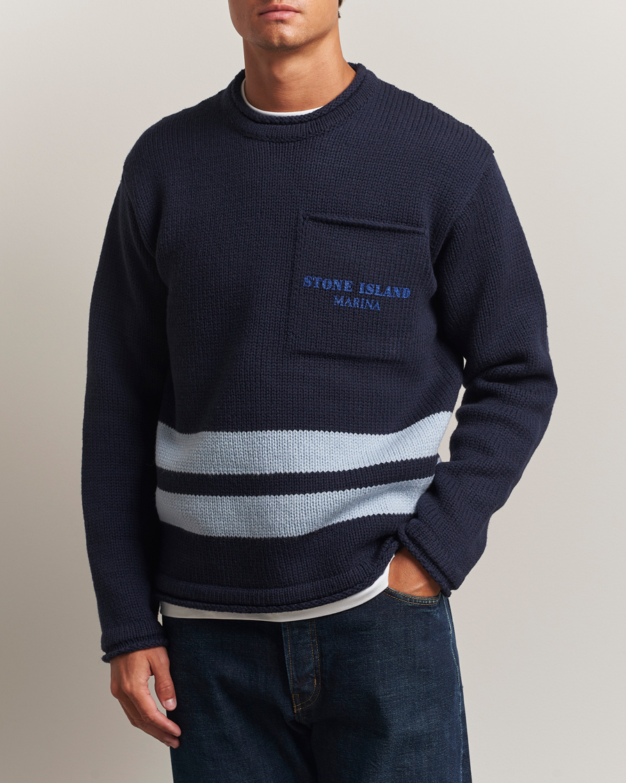 Herre | Trøjer | Stone Island | Marina Knitted Wool Contrast Crew Neck Navy