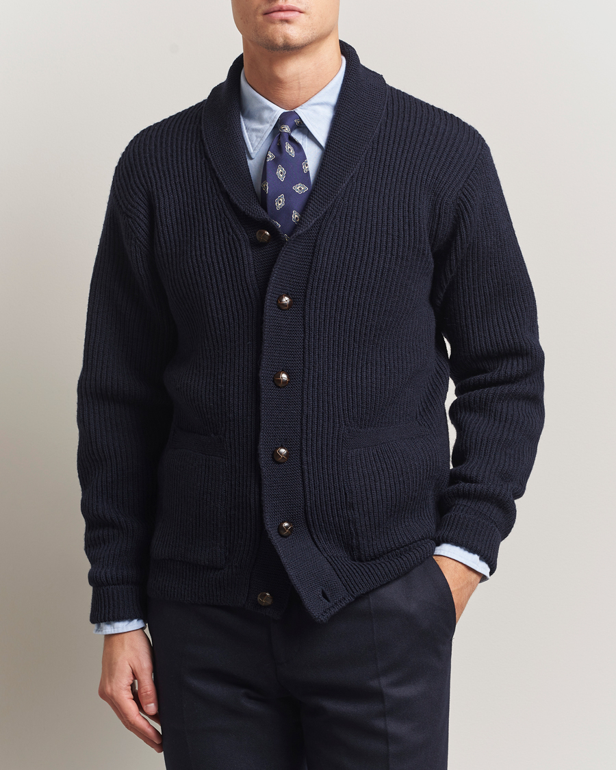 Herre | Trøjer | Kamakura Shirts | McQueen Shawl Collar Cardigan Navy