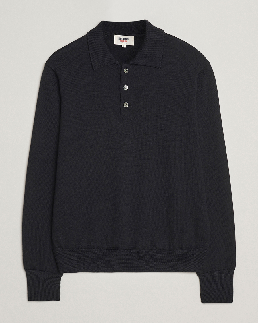 Herre | Trøjer | Kamakura Shirts | Long Sleeve Knitted Polo Black