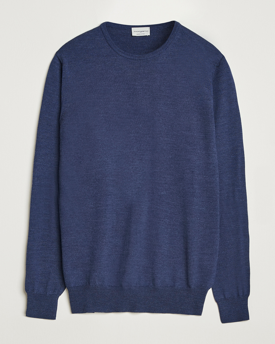 Herre | Trøjer | Morgano | Extra Fine Merino Wool Crewneck Mid Blue