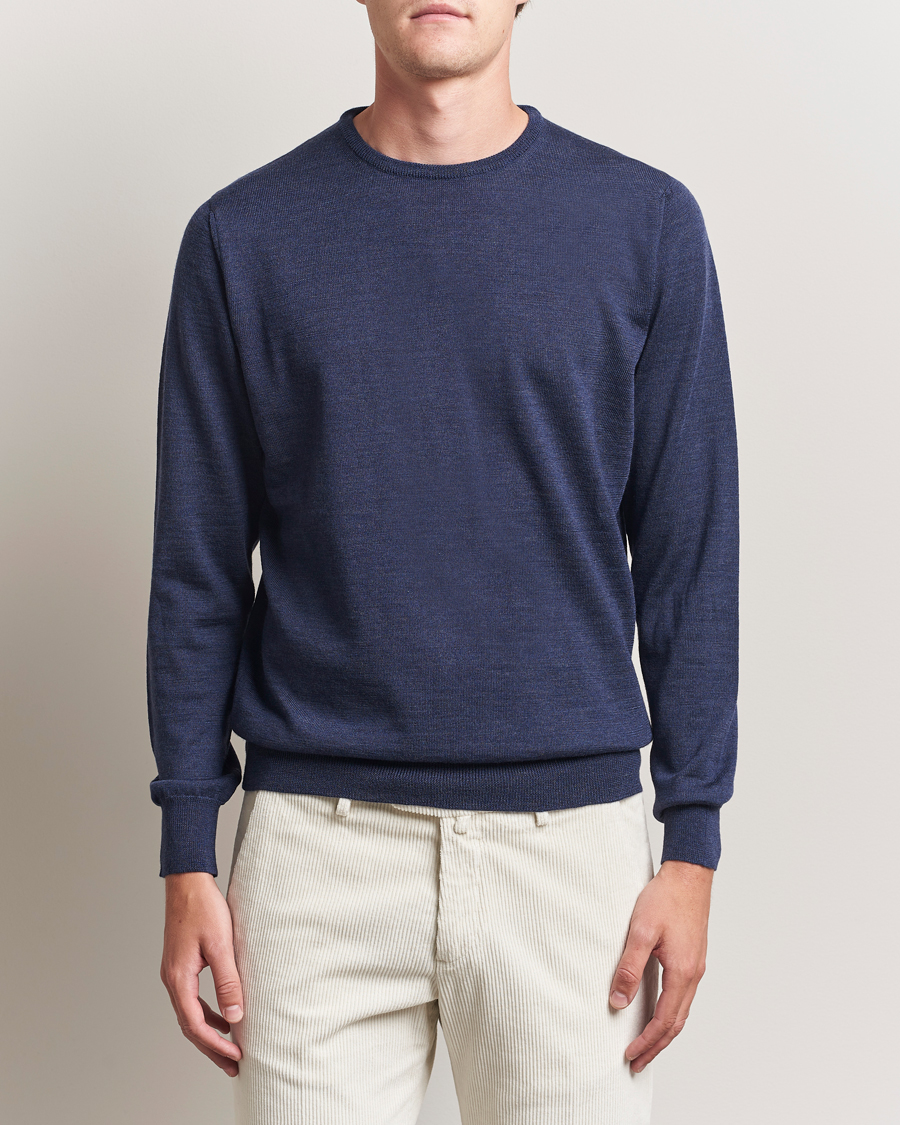 Herre | Trøjer | Morgano | Extra Fine Merino Wool Crewneck Mid Blue