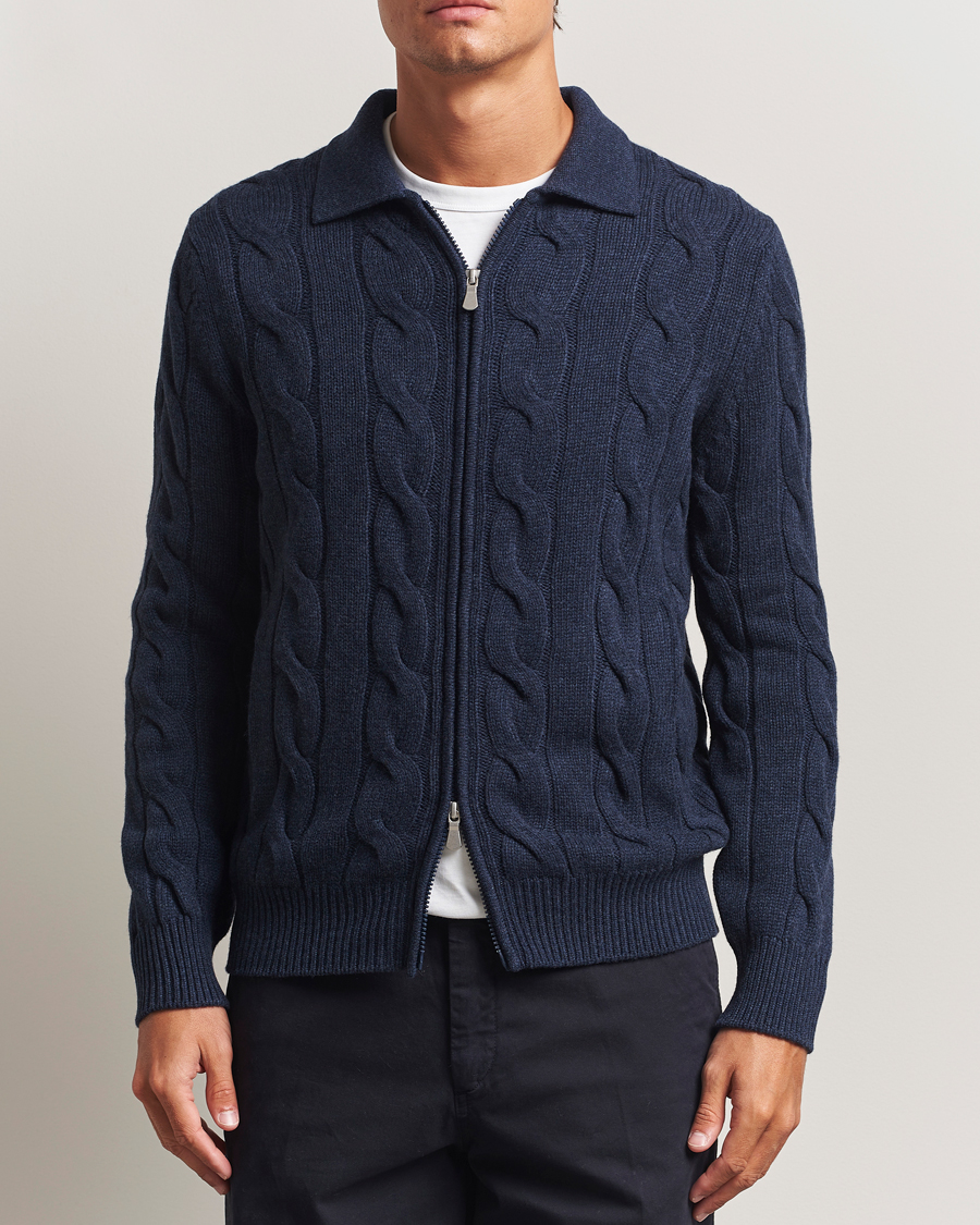 Herre | Trøjer | Gran Sasso | Wool/Cashmere Cable Full Zip Navy Melange