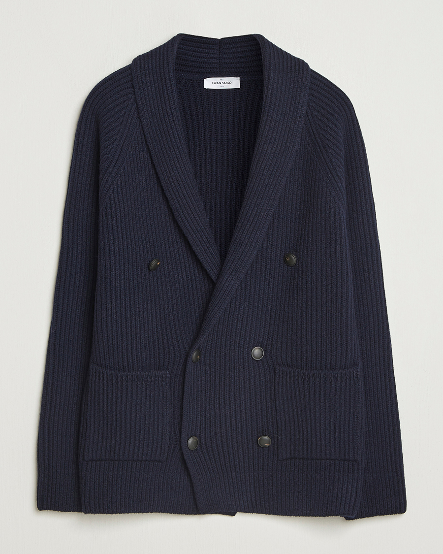 Herre | Trøjer | Gran Sasso | Shawl Collar Heavy Knitted Wool Cardigan Navy