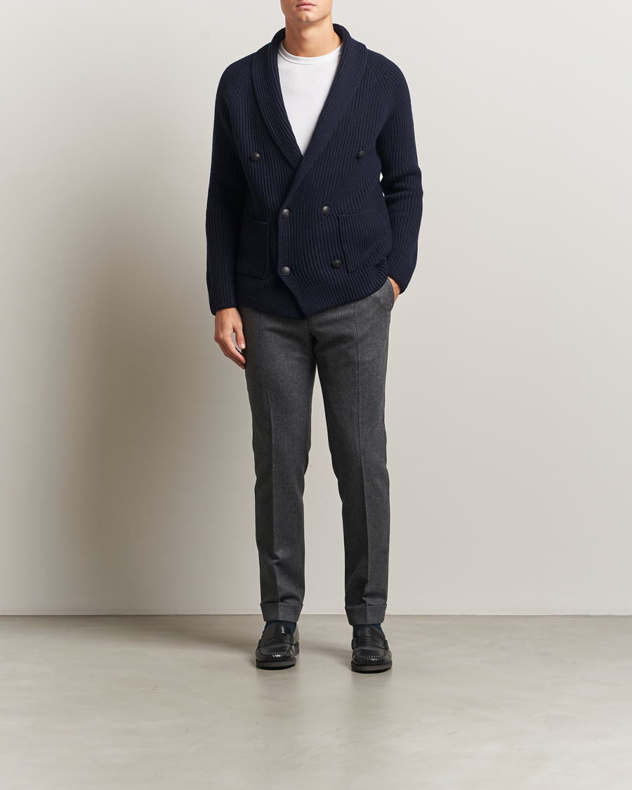 Herre | Trøjer | Gran Sasso | Shawl Collar Heavy Knitted Wool Cardigan Navy