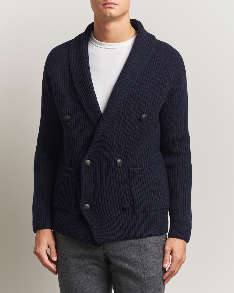 Herre | Trøjer | Gran Sasso | Shawl Collar Heavy Knitted Wool Cardigan Navy