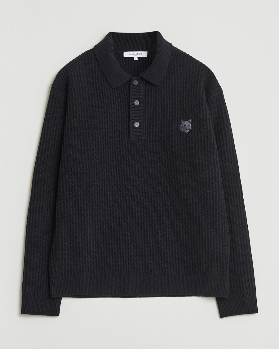 Herre | Trøjer | Maison Kitsuné | Tonal Fox Head Wool Ribbed Polo Black