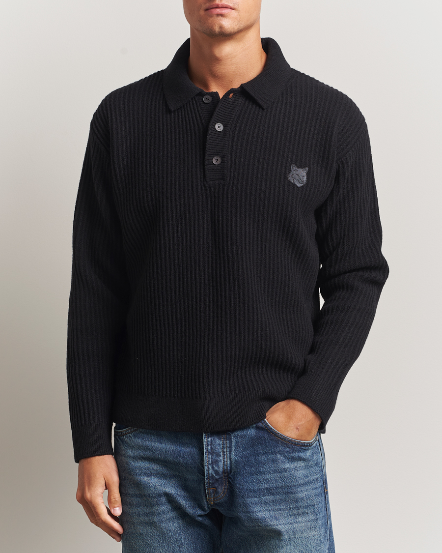 Herre | Trøjer | Maison Kitsuné | Tonal Fox Head Wool Ribbed Polo Black