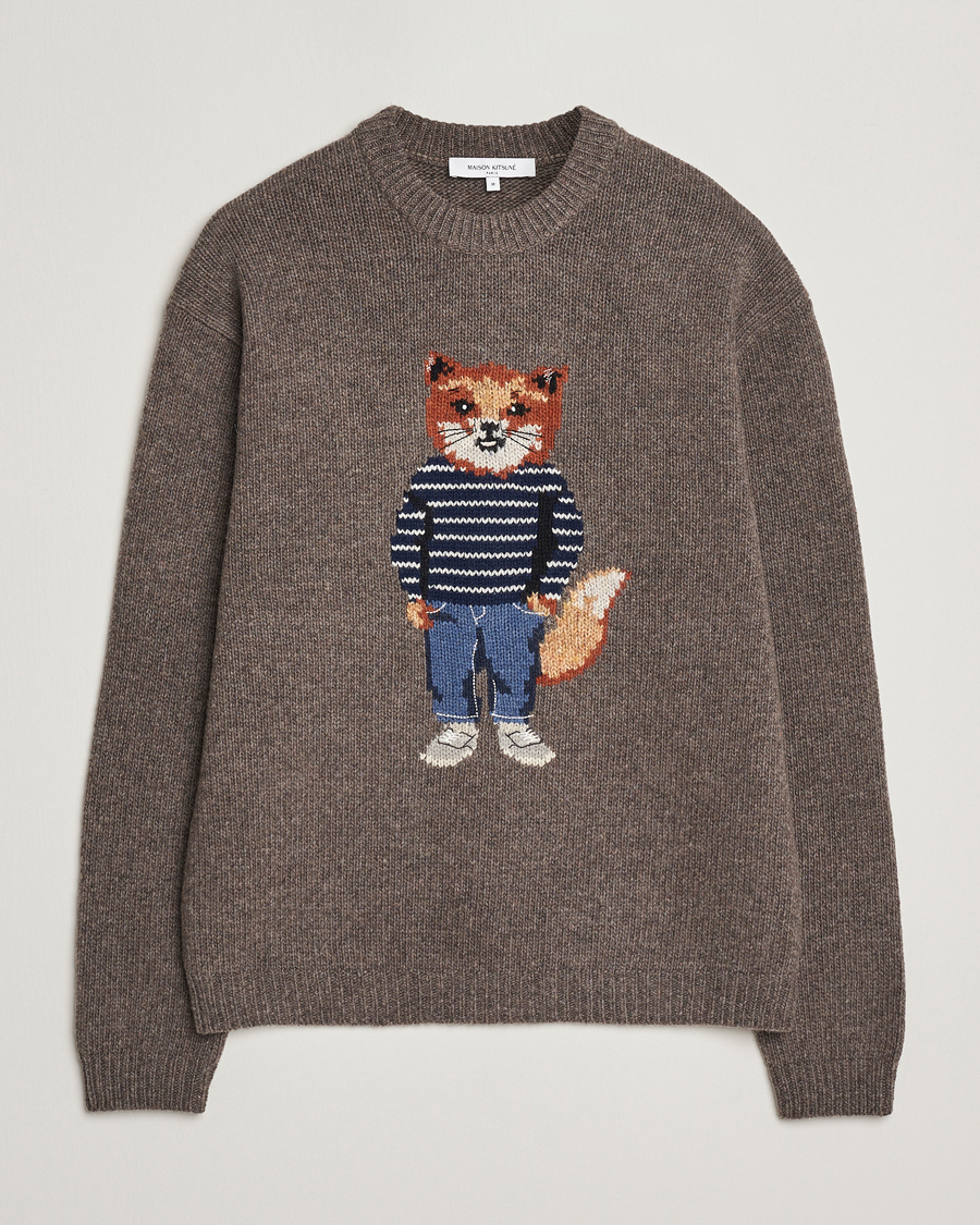 Herre | Trøjer | Maison Kitsuné | Dressed Fox Wool Knitted Sweater Dark Grey Melange