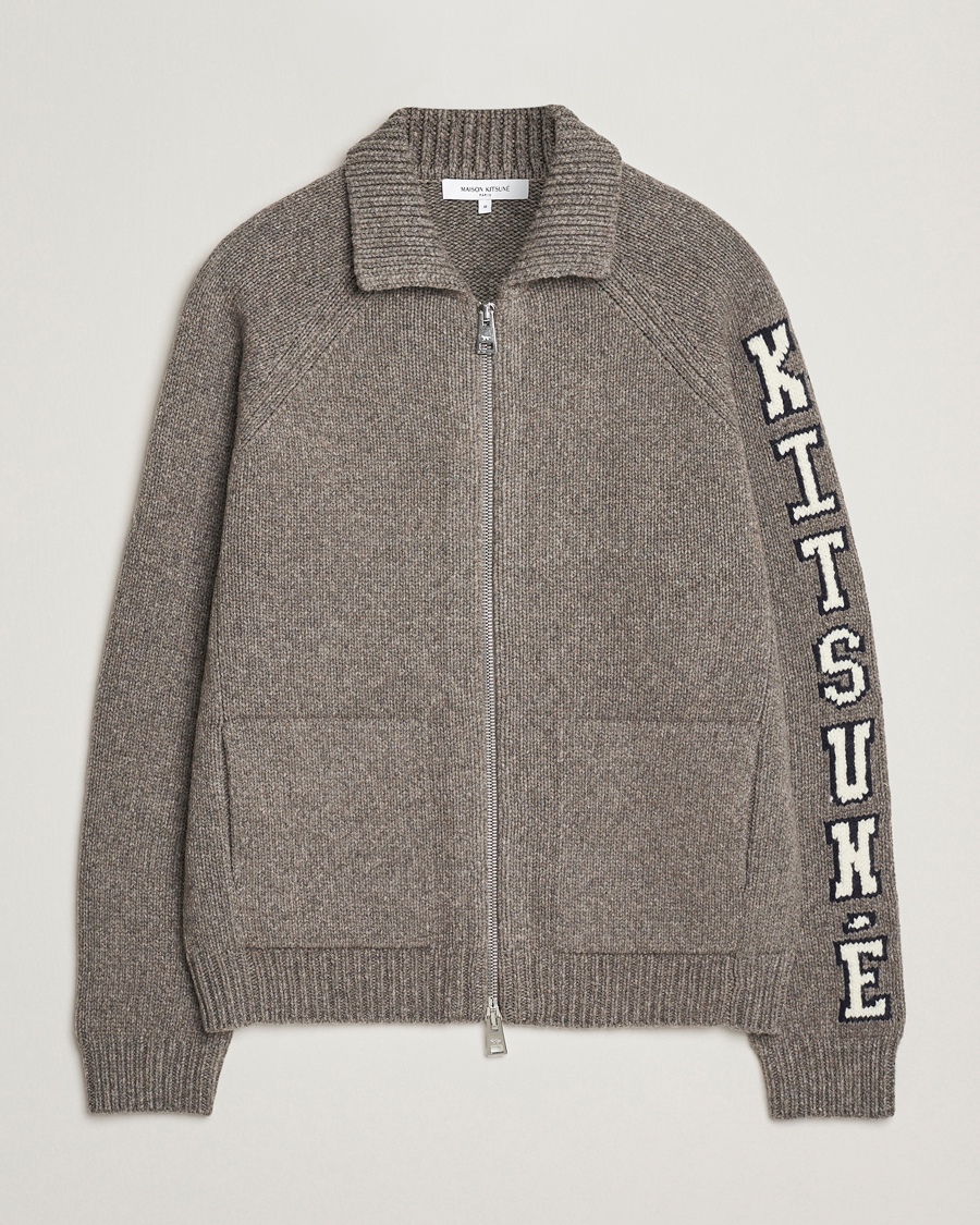 Herre | Trøjer | Maison Kitsuné | College Wool Knitted Full Zip Medium Grey Melange