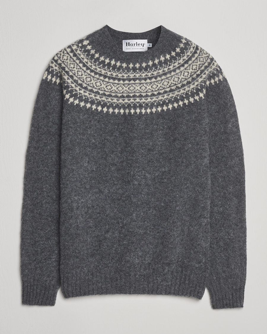 Herre | Trøjer | Harley Of Scotland | Brushed Supersoft Lambswool Yolk Fairisle Grey